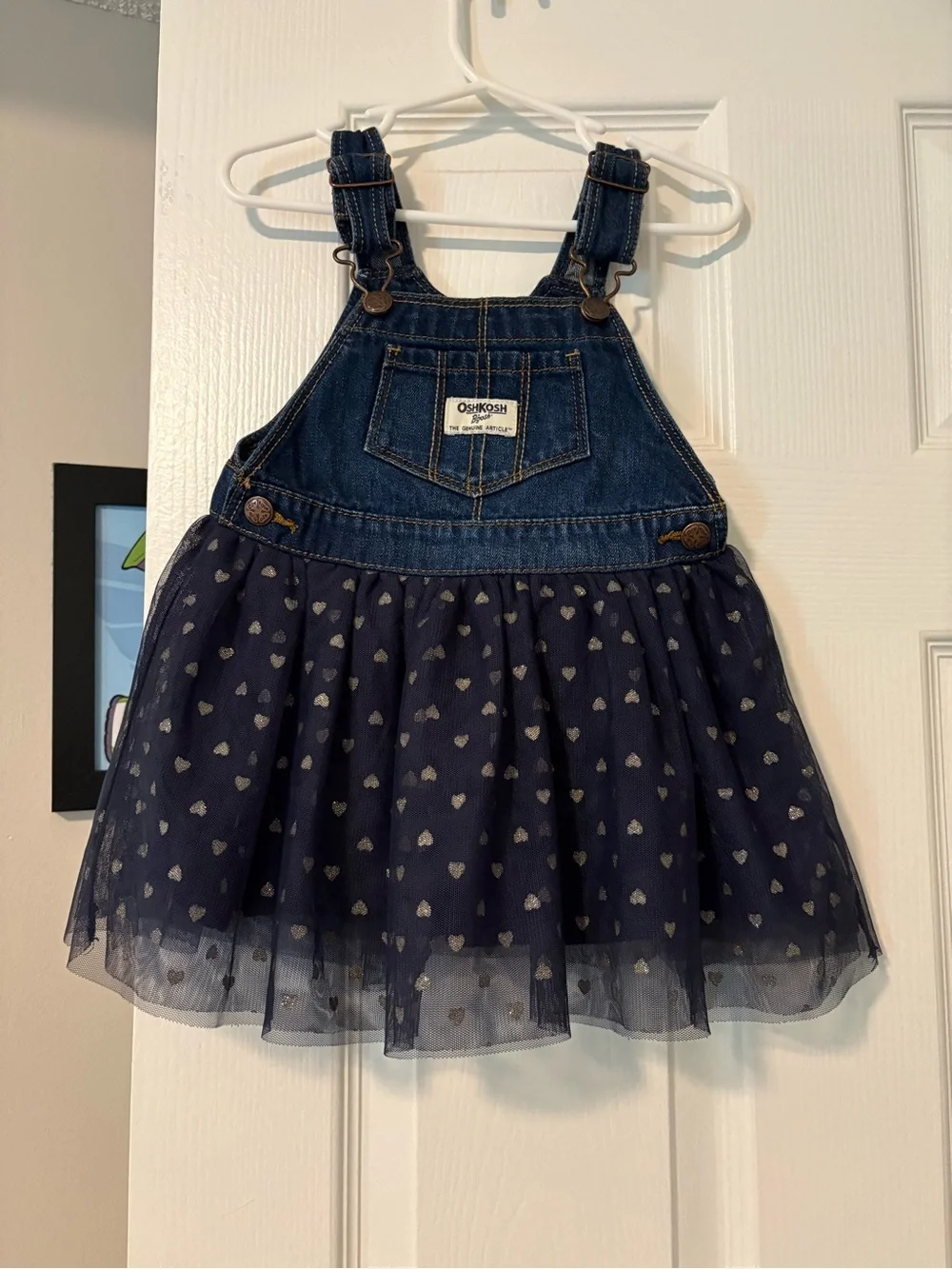 OshKosh B'gosh Denim Overall Dress with Navy Heart Tulle